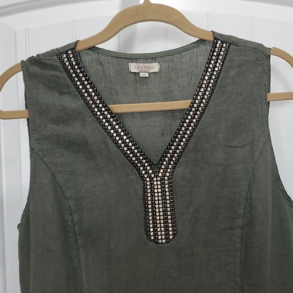Lina Tomei 100% LINEN Shift Embellished Sleeveless Dress Green SZ Med Italy - Picture 2 of 5